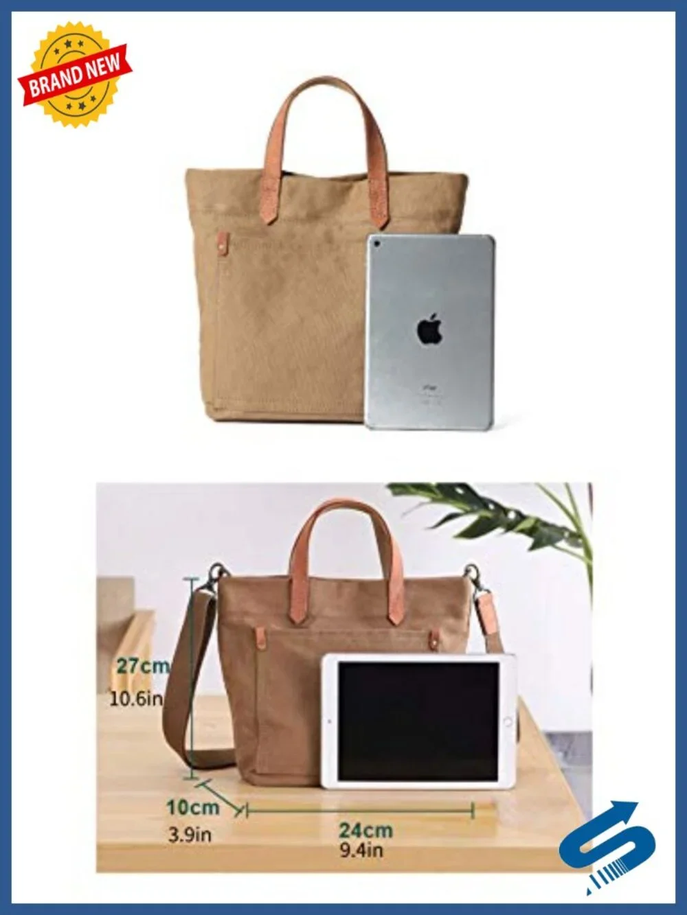 Canvas Crossbody Tote Bag for Women with Genuine Leather Handles, Convertible